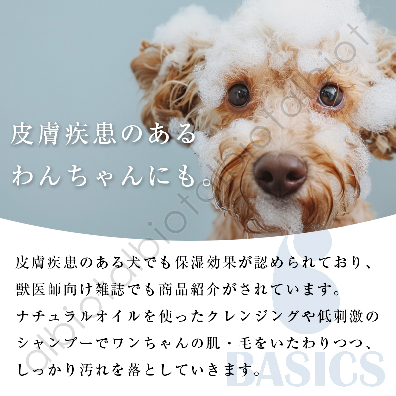 BASICS DermCareシリーズは皮膚疾患のある犬でも保湿効果が認められており、獣医師向け雑誌でも商品紹介がされています。ナチュラルオイルを使ったクレンジングや低刺激のシャンプーでワンちゃんの肌・毛をいたわりつつ、しっかり汚れを落としていきます。