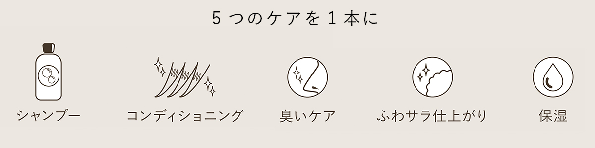 ５つのケアを１本に　シャンプー　コンディショニング　臭いケア　ふわサラ仕上がり　保湿