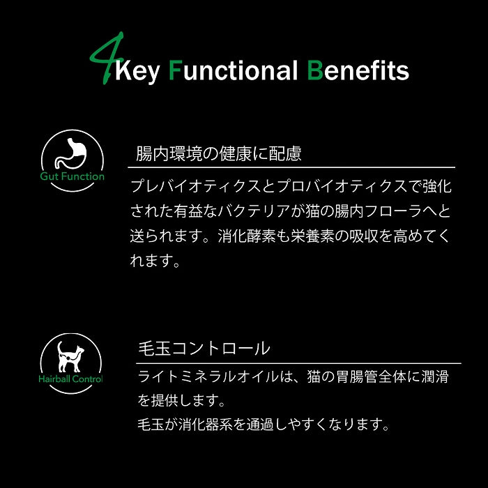 4 key Functional Benefits　・腸内環境の健康に配慮　・毛玉コントロール