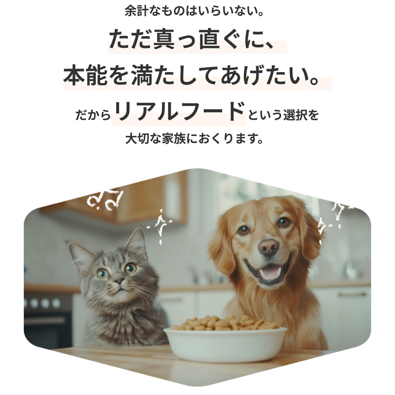 余計なものはいらない。ただ真っ直ぐに本能を満たしてあげたい。だからリアルフードという選択を大切な家族に送ります。