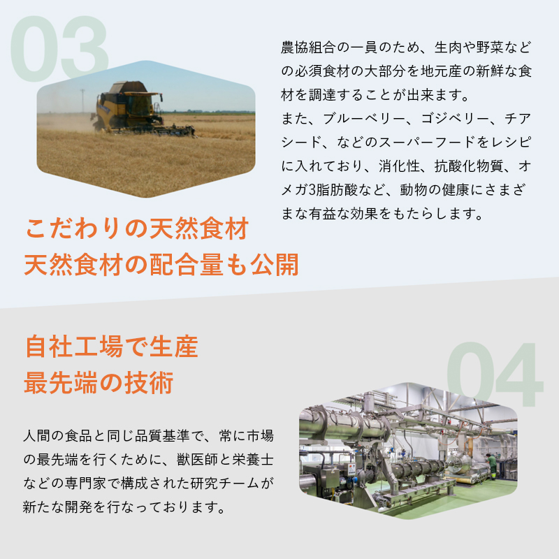 こだわりの天然食材　天然食材の配合量も公開。自社工場で生産　最先端の技術。